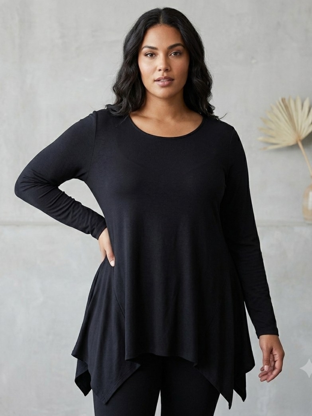 Westbound Woman Black Ribbed Asymmetric Hem Tunict Top Size 1X Cotton Modal Stre